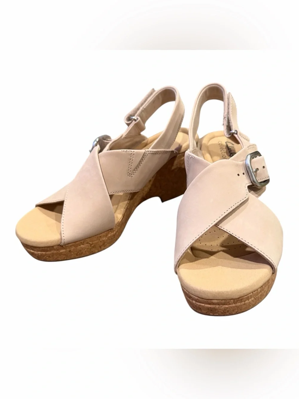 Clarks Cream Cork Wedge Sandals with Buckle